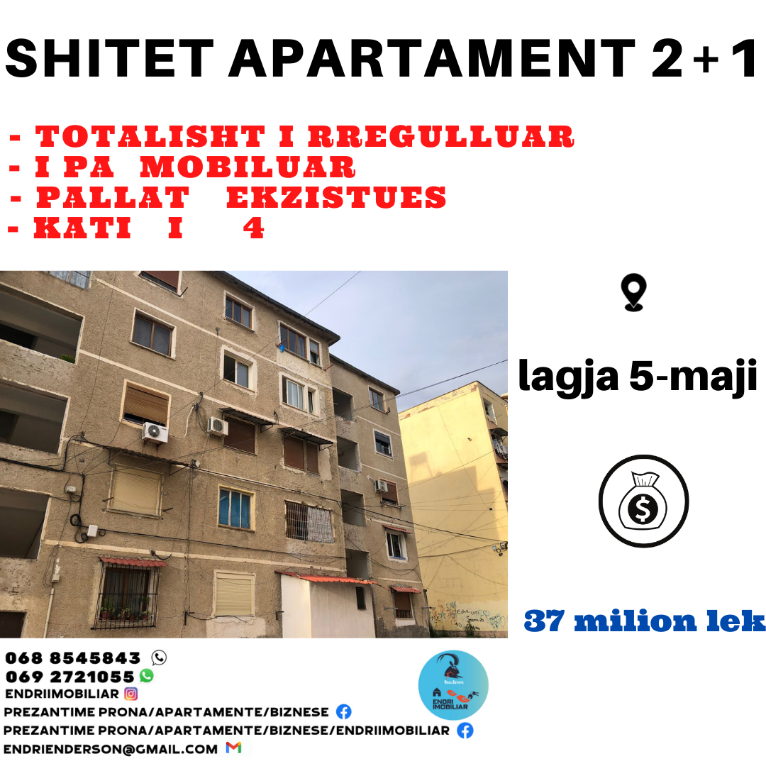 Shitet Apartament 2+1/kati 4 i rregulluar